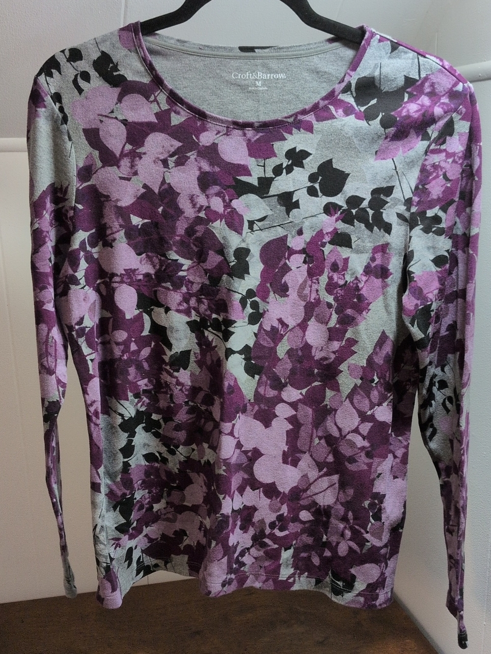 croft & barrow Purple Floral Long-Sleeve Crew Tee with Black Accents